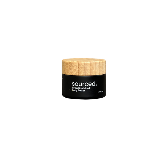 1.7 oz travel-size jar of Sourced Hydration Blend Body Butter, a fragrance-free shea butter body moisturizer