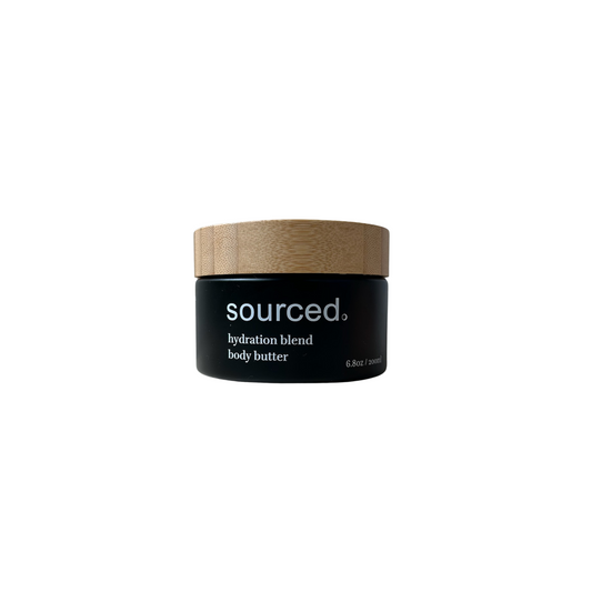 Jar of Sourced Hydration Blend Body Butter, a fragrance-free vegan shea butter moisturizer for the body