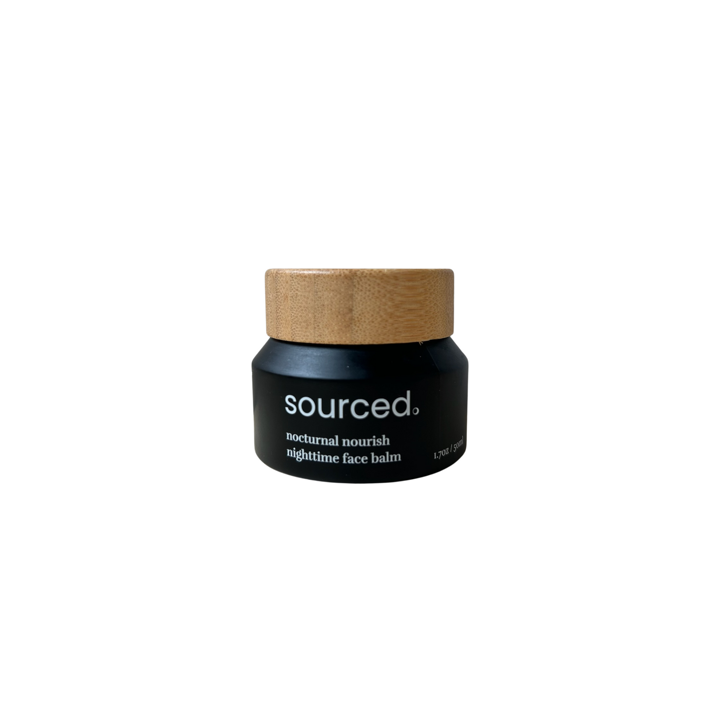Jar of Sourced Nocturnal Nourish Nighttime Face Balm, a fragrance-free face moisturizer with shea butter and hyaluronic acid